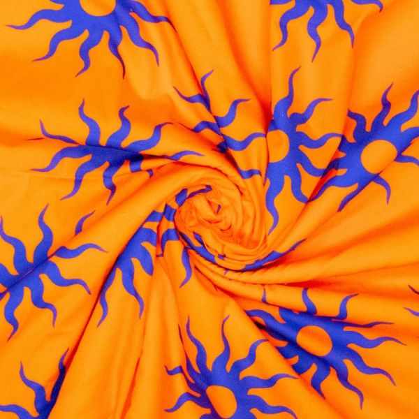 Baumwoll-Popeline mit Sonne Blüte orange blau - Baumwollstoff Sarah Sun