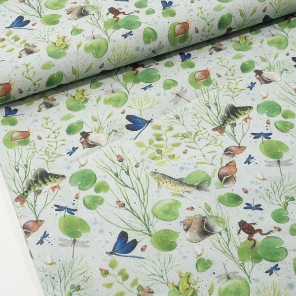 acufactum Fische Libellen Seerosen Frösche grün mint - Baumwolle Am Fluss