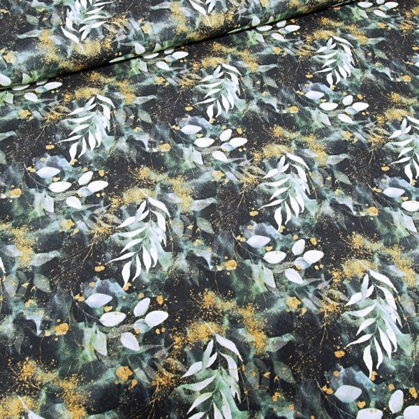 Deko Canvas Eukalyptus Schwarz Goldgrün - Baumwolle 140cm - FJV 3110