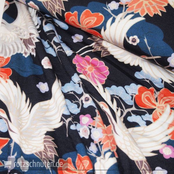Viscose Jersey CRANE – Kranich Blüten Japan schwarz blau coral