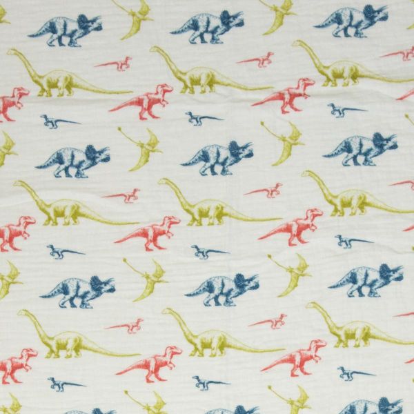 Baumwolle Musselin Dinos weiß blau grün rot – Double Gauze Thea by Swafing