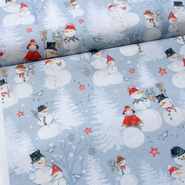 acufactum Schneemänner - Baumwolle mit Winter Schnee Landschaft grau rot