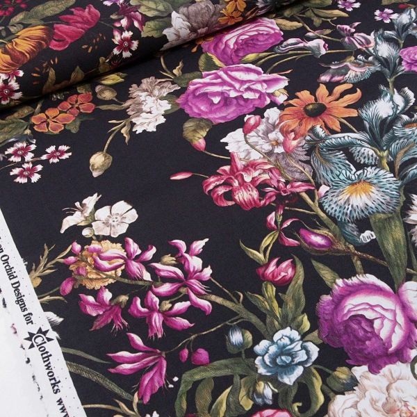 Baumwolle große Blüten Lilien Rosen schwarz bunt - Ode to June by Clothwork