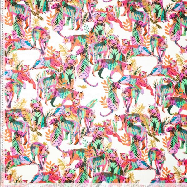 Viskose Stoff mit ausgefallenem Tiger Muster in rot pink grün für Kleider Blusen
