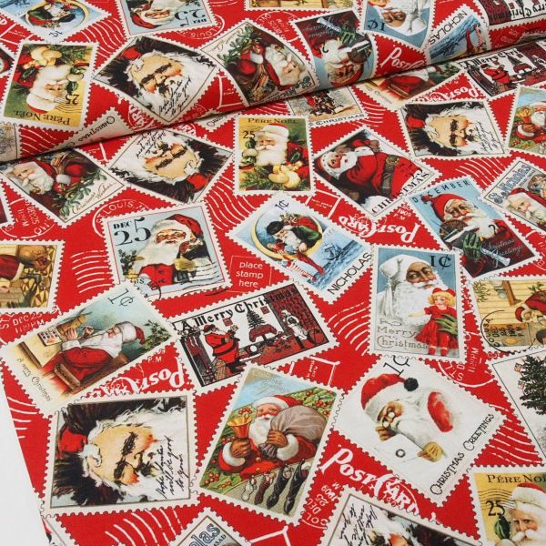 Baumwolle Weihnachten Vintage Briefmarken rot Santa - Riley Blake Nicholas