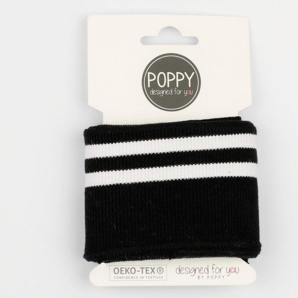 Cuffs Bündchen schwarz mit 2 weißen Streifen breit für Hoodie & Co - 7cm hoch 135cm lang