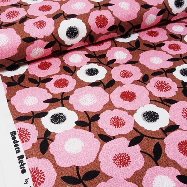 Bio Baumwolle Maxi Blumen Blüten pink braun - Modern Retro Barkcloth Blooms Dekostoff