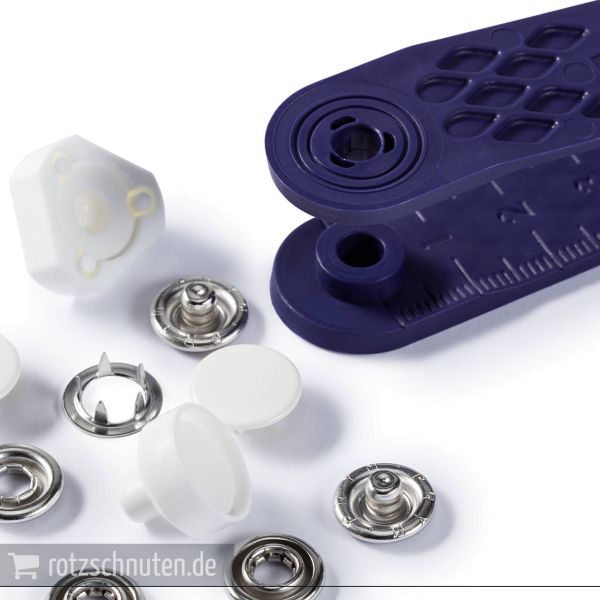 6 Jersey Druckknöpfe PRYM – 12mm weiß mit Kappe und Werkzeug - Metall Druckknopf