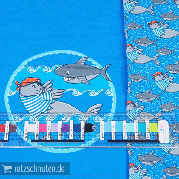 Jersey Steinbeck Robbe und Haifisch blau – 47cm Panel