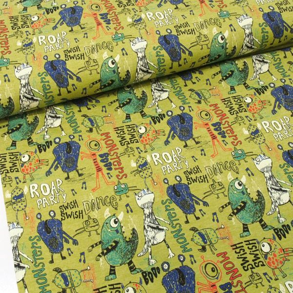 French Terry DANCING MONSTERs kiwi grün blau - Sommersweat