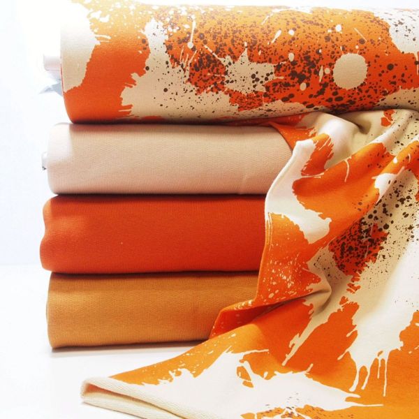 French Terry SPLASH orange beige von Mies & Moos - Camouflage Kleckse Sommersweat