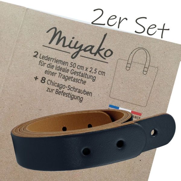 Miyako 2 Taschengriffe aus Leder schwarz 50x2,5cm + 8 Chicago Schrauben zur Nieten Befestigung