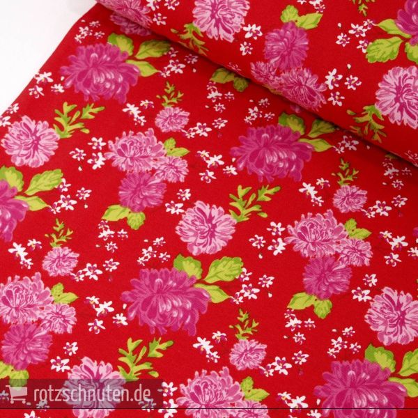 Baumwolljersey PEONY red – Pfingsrosen Asia rot pink