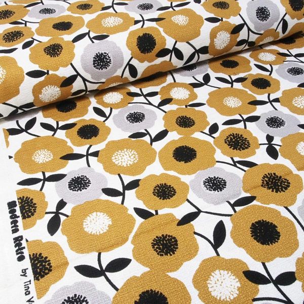 Bio Baumwolle Maxi Blumen Blüten grau senf - Modern Retro Barkcloth Blooms Dekostoff