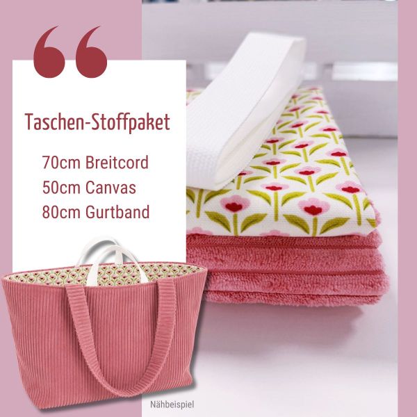Taschen-Stoffpaket altrosa – Breitcord, Blumen Baumwollstoff & weißes Gurtband