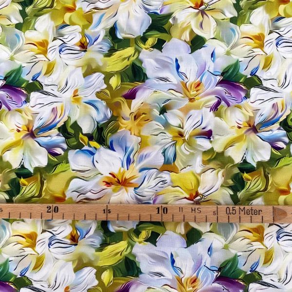 Viskose Jersey knitterfrei mit 3D Druck Blüten weiß gelb grün - Sarah 3D Kollektion