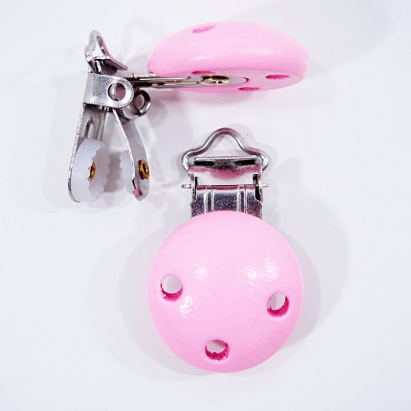 Schnullerketten Clip Holz rosa - für Nuckel und Kinderwagenketten & Hosenträger