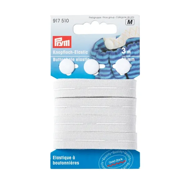 3m Knopfloch Gummiband weiß 12 mm breit mit 3 Knöpfen