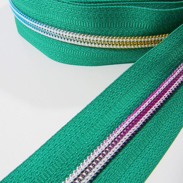 Reißverschluss endlos 5mm grün mit bunter Spirale – Endlosreißverschluss SR5 Regenbogen