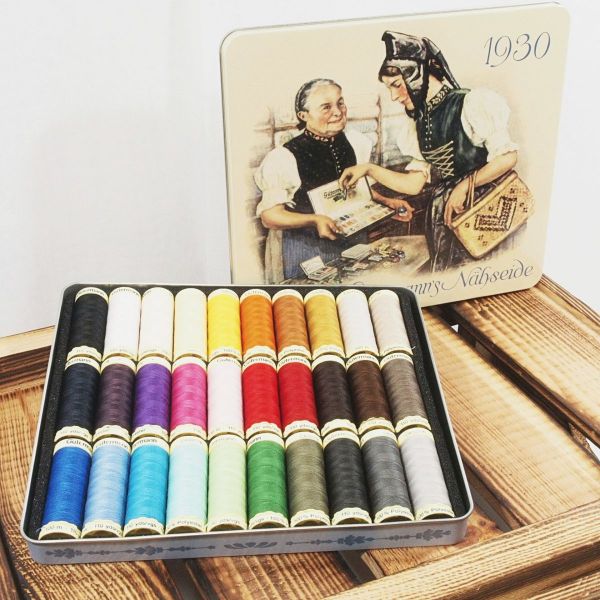 Nähgarn Nostalgie Set bunt - 30x 100m Allesnäher Garn Gütermann 1930 Retro Metalldose Trachten