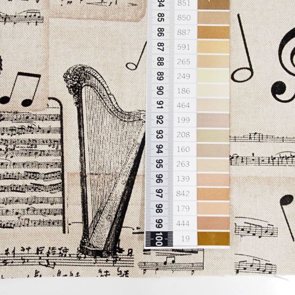 Dekostoff Noten Instrumente Leinenoptik beige – Linenlook Half Panama Premium Taschenstoff