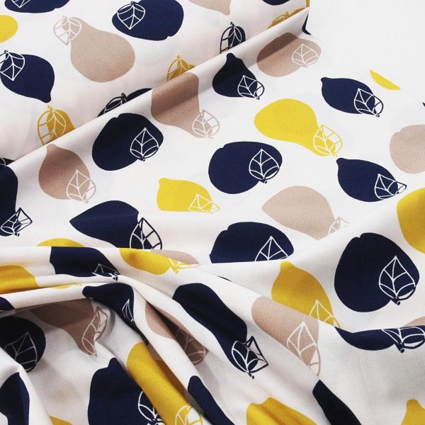 Baumwolle Früchte Apfel Birne Zitrone gelb violett Retro von Westfalenstoffe Living