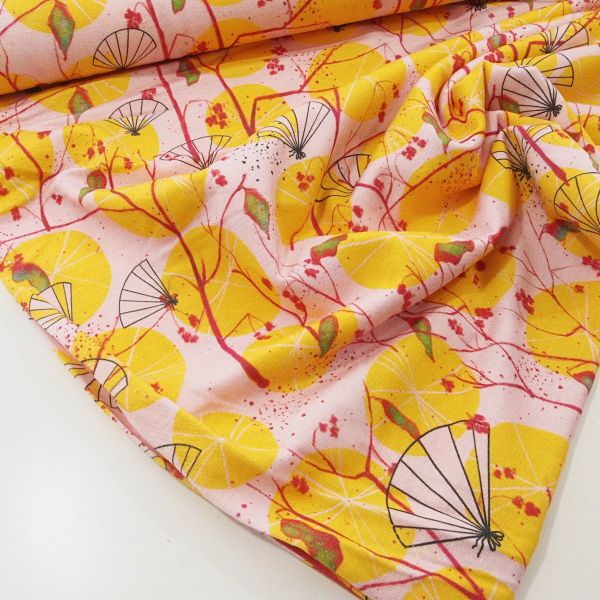 Modal Jersey Japanische Blüten Fächer rosa gelb – Lillestoff Tokio by Tante Gisi
