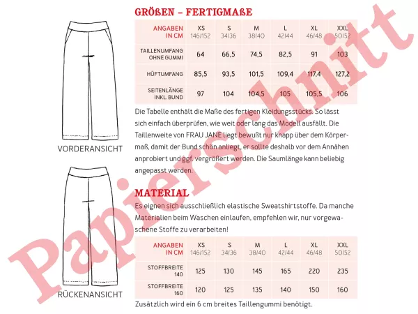 Schnittmuster FRAU JANE • Jogginghose mit geradem Bein für Damen • Gr. XS-XXL