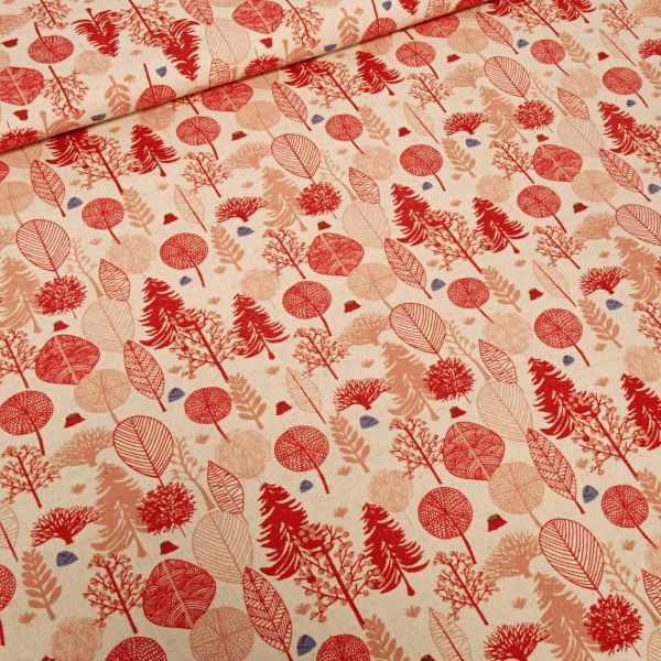 Kokka Leinenstoff Serie Trefle Waldmotiv rot beige