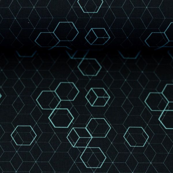Baumwolle Hexagone Quader schwarz petrol - Cotton Hitech by Swafing
