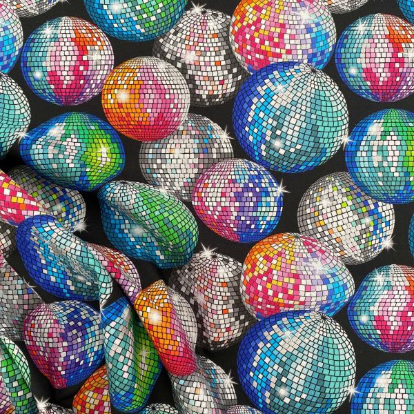 Baumwolle mit Discokugel Metallic Print bunt silber Glitter - Lewis & Irene DISCO!