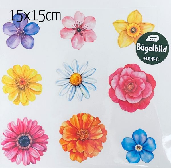 Bügelbild Set mit 9 Blüten Motiven bunt 15x15cm