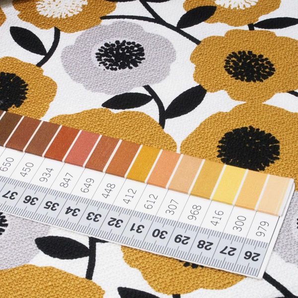 Bio Baumwolle Maxi Blumen Blüten grau senf - Modern Retro Barkcloth Blooms Dekostoff