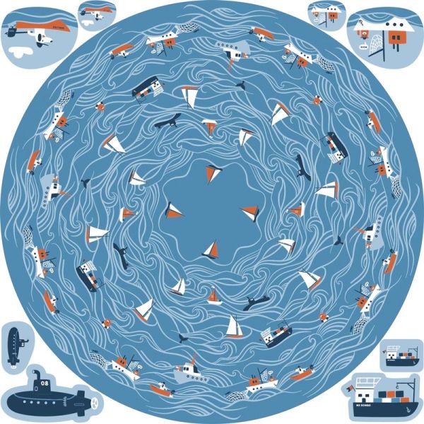 Baumwollstoff Roundabout von Käselotti Schiffparade blau - Panel 140x140cm