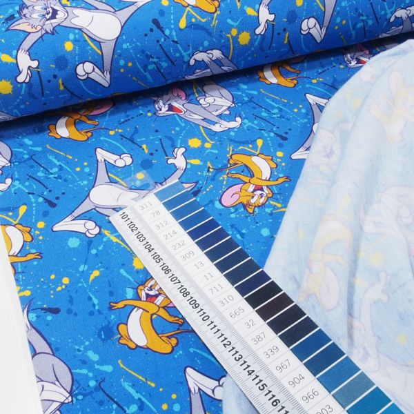 Soft Sweat Tom & Jerry auf Jagd - leicht angerauhter French Terry mit Katze und Maus blau