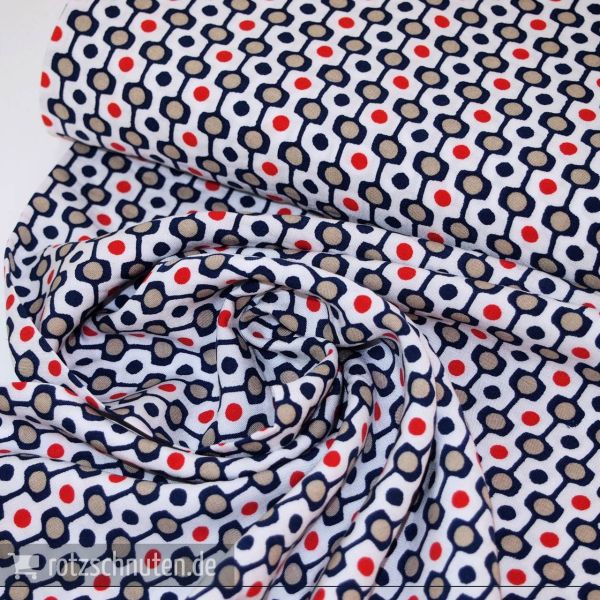 Leichter Blusen und Kleiderstoff RETRO KREISE weiß blau rot – Viscose Druck