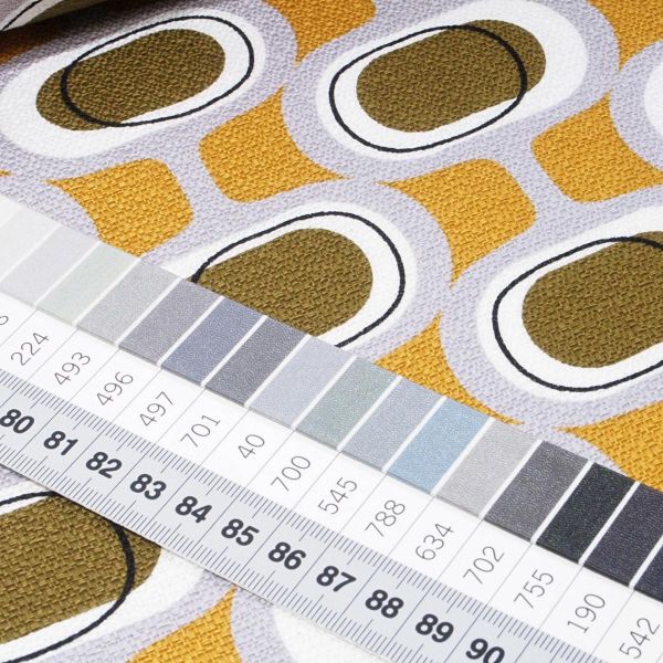 Bio Baumwolle Maxi Perlenkette oliv senf - Modern Retro Barkcloth Orbs Dekostoff