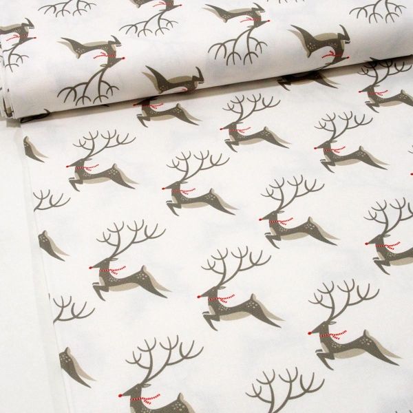 Baumwolle Winter Weihnachten Rentiere weiß beige - Northern Light Rudolph Rednose