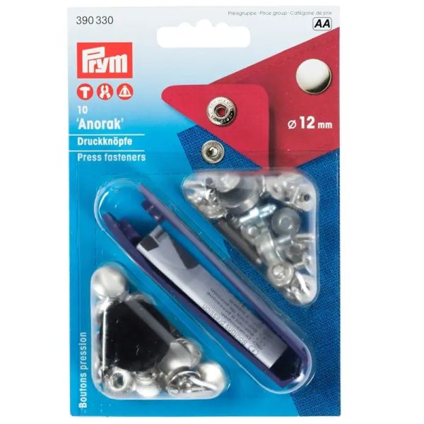 10 Anorak Druckknöpfe PRYM – 12mm silber mit Werkzeug