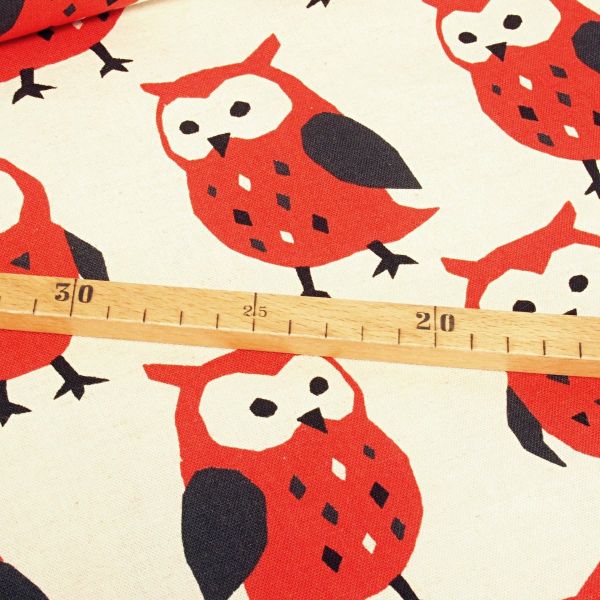 Kokka Leinenstoff Serie Trefle Nordic Animal - Eule rot auf natur beige