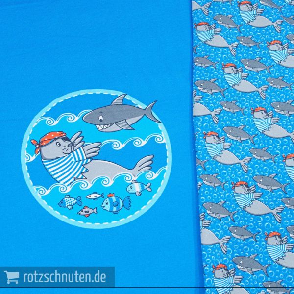 Jersey Steinbeck Robbe und Haifisch blau – 47cm Panel