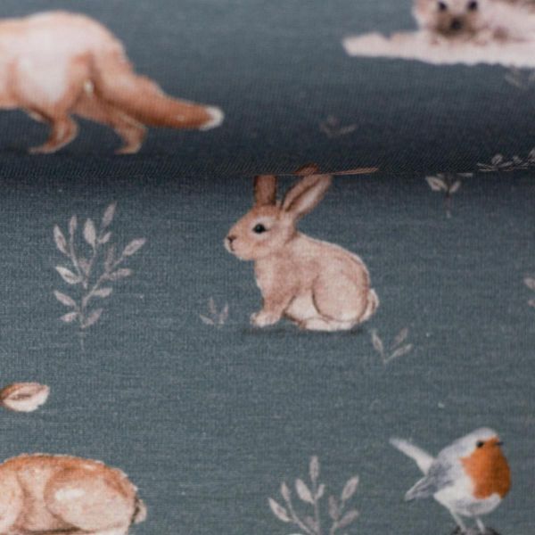 Jersey Waldtiere Igel Fuchs Reh rauchblau – Forest Animals von Christiane Zielinski by Swafing