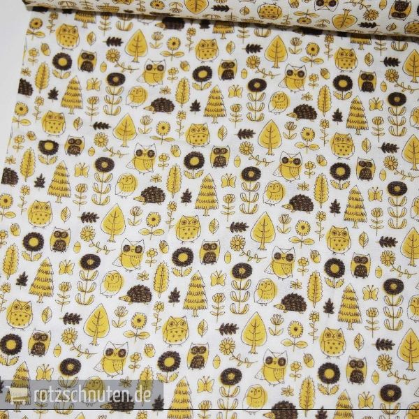 Baumwolle | Double Gauze Kokka – Eulen Igel Wald Blüten ocker