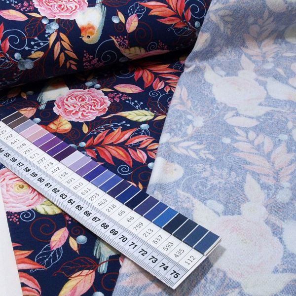 French Terry Romantik Rotkehlchen Pfingstrosen dunkelblau rosa - FVJ 1650