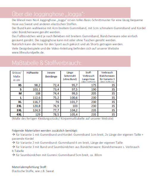 Schnittmuster Jogginghose Jogga für Herren Lillesol men No.4 Gr. XS - 4XL