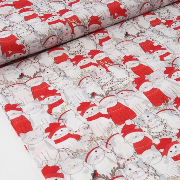 Baumwolle Weihnachts Katzen rot weiß - Merry Christmas Cats