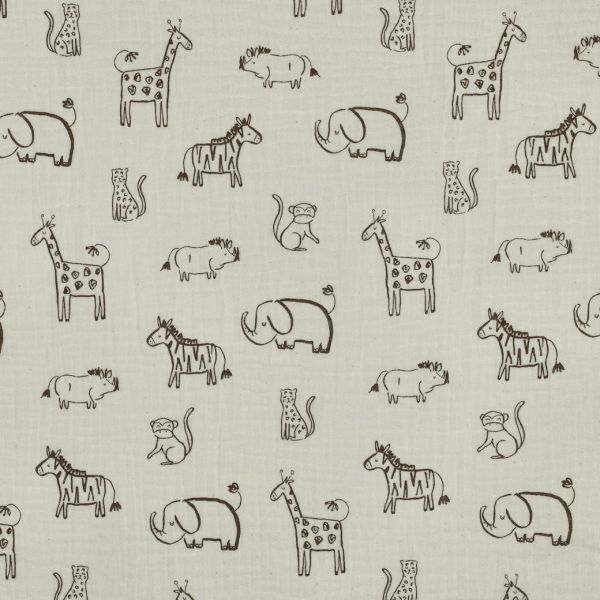 Musselin mit Tieren Zebra Elefant Giraffe Leopard – Double Gauze Safari Animals sand