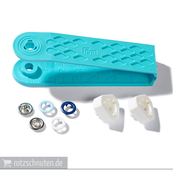 21 Jersey Druckknöpfe PRYM LOVE – 8mm hellblau marine weiß mit Werkzeug Metall Druckknopf