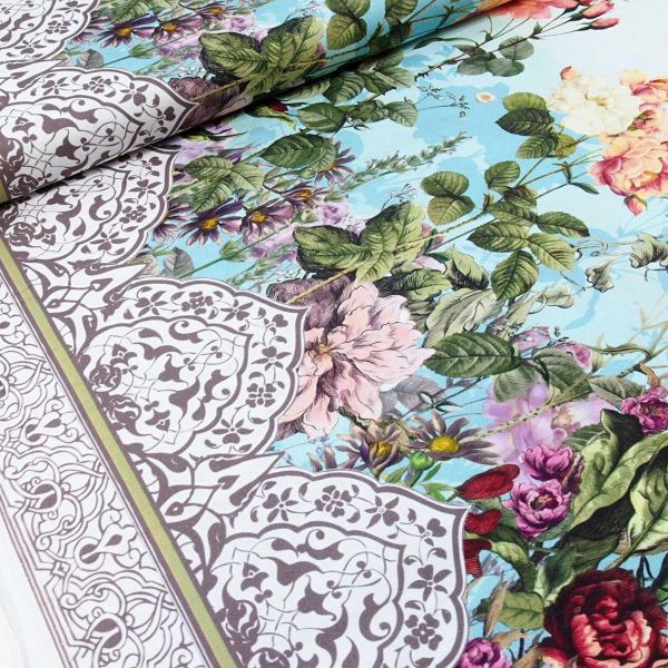Baumwolle große Blüten Bordüre Lilien Rosen türkis bunt - Ode to June by Clothwork
