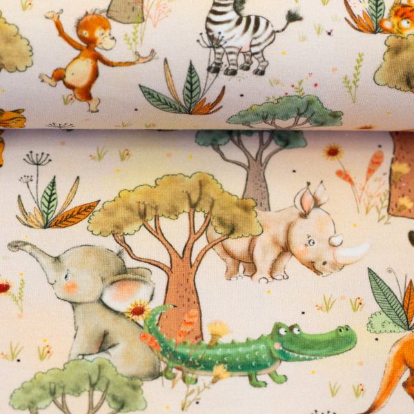 Jersey mit Zebra Elefant Tiger Krokodil Nashorn Känguru und Äffchen auf beige – Serie Safari Animals